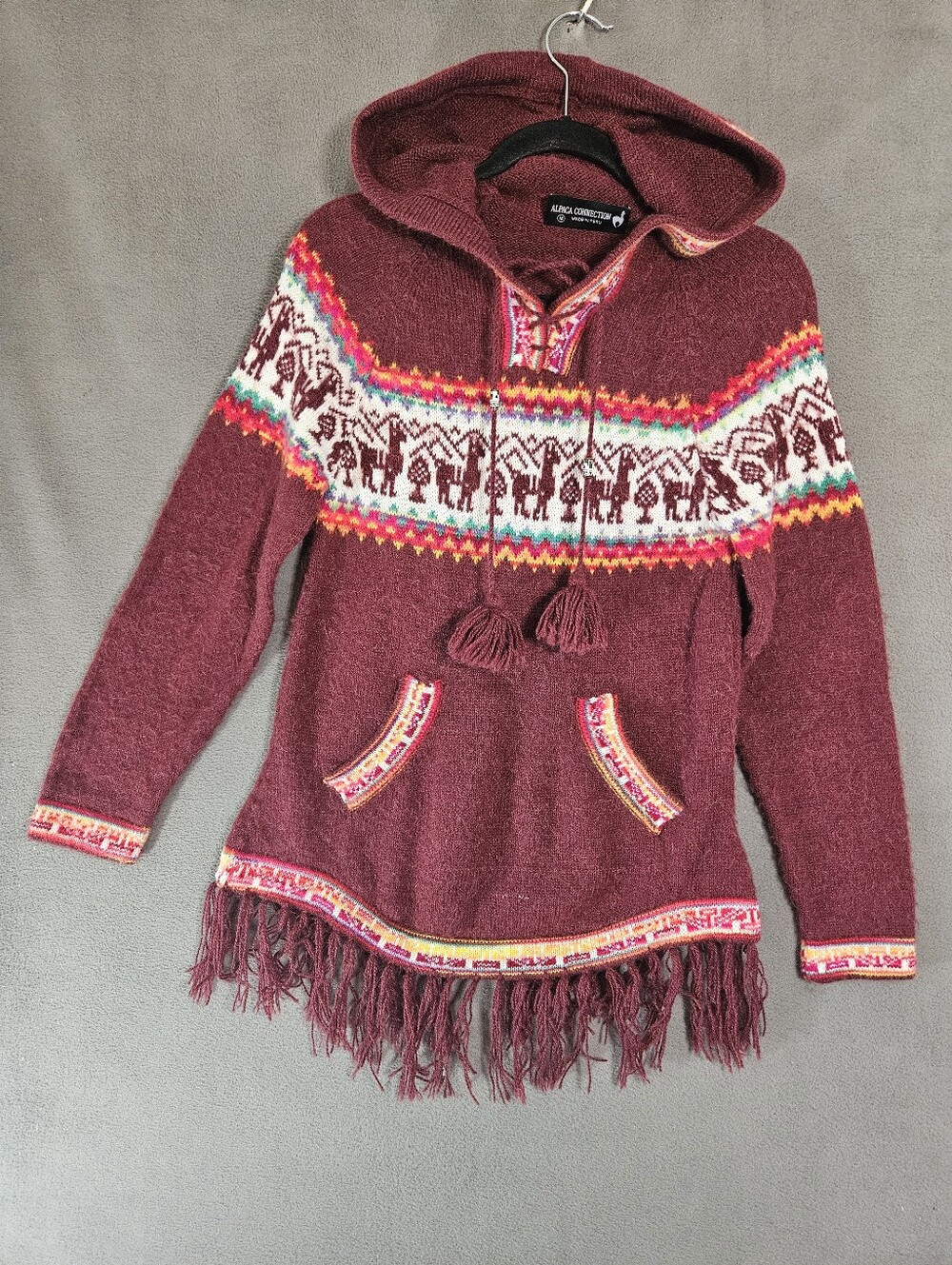 Peruvian Alpaca Wool Aztec Sweater Boho Hooded Tassels Ethnika Women Medium Lama
